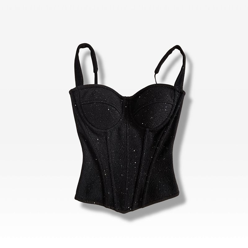 Black Sparkle Bustier Corset Top - Fishbone Strap Vest Elegant Slim Corset